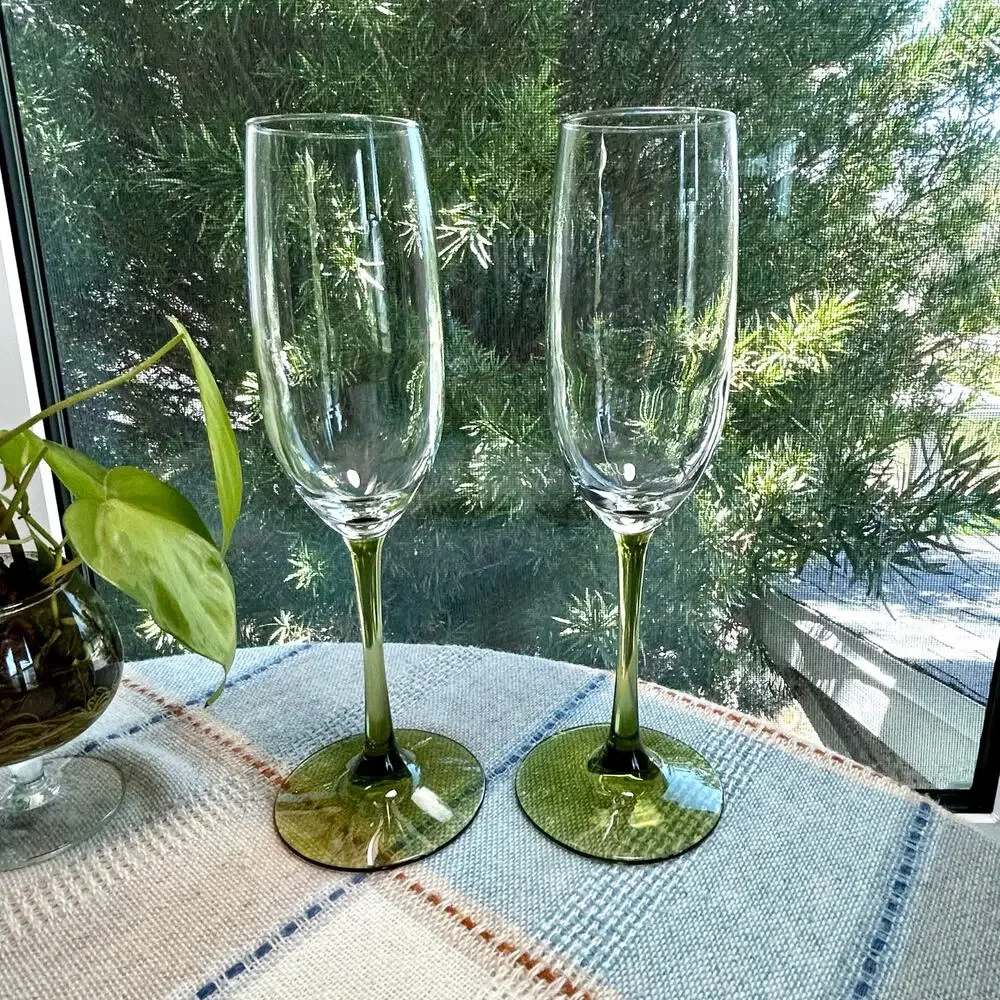 Set of 2 Pier 1 Pantiago Olive Green Champagne Flutes 9.25”